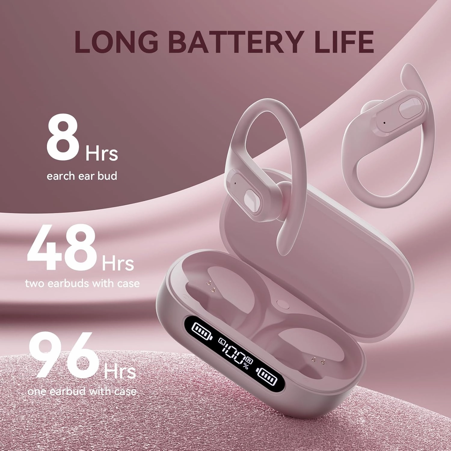 occiam Wireless Earbuds Bluetooth Headphones Ear Buds 96Hrs Playback Sport Over-Ear Waterproof Wireless Headphones Earphones with Earhooks ENC Mics Clear Call for Sport Running Workout Dusty Pink
