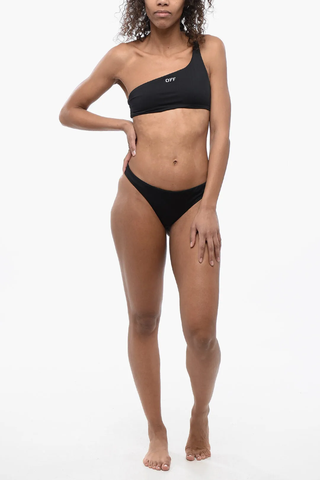 Off-White One Shoulder Bikini Set With Embrodery