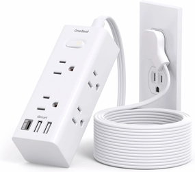 One Beat 10Ft Extension Cord with Multiple Outlets,Flat Plug Power Strip Surge Protector with 10 Ft Long Cord,6 Outlet 3 USB Ports (1USB C),Multi Outlet Wall Plug for Travel,College,Dorm Essentials power cord,hi-fi power cable,AC power lead,