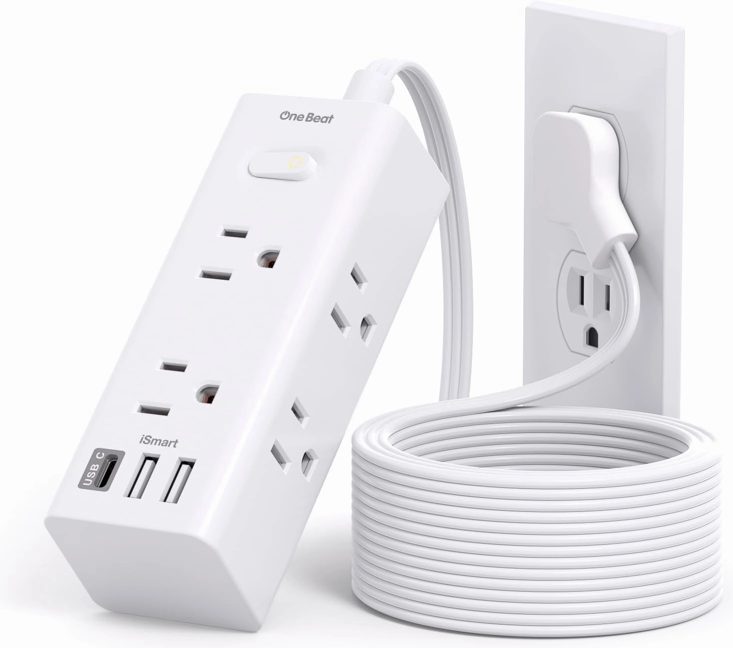 One Beat 10Ft Extension Cord with Multiple Outlets,Flat Plug Power Strip Surge Protector with 10 Ft Long Cord,6 Outlet 3 USB Ports (1USB C),Multi Outlet Wall Plug for Travel,College,Dorm Essentials power cord,hi-fi power cable,AC power lead,
