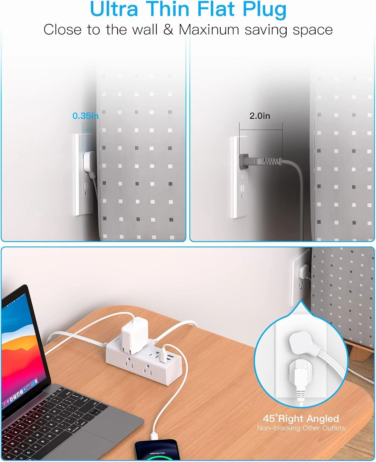 One Beat 10Ft Extension Cord with Multiple Outlets,Flat Plug Power Strip Surge Protector with 10 Ft Long Cord,6 Outlet 3 USB Ports (1USB C),Multi Outlet Wall Plug for Travel,College,Dorm Essentials