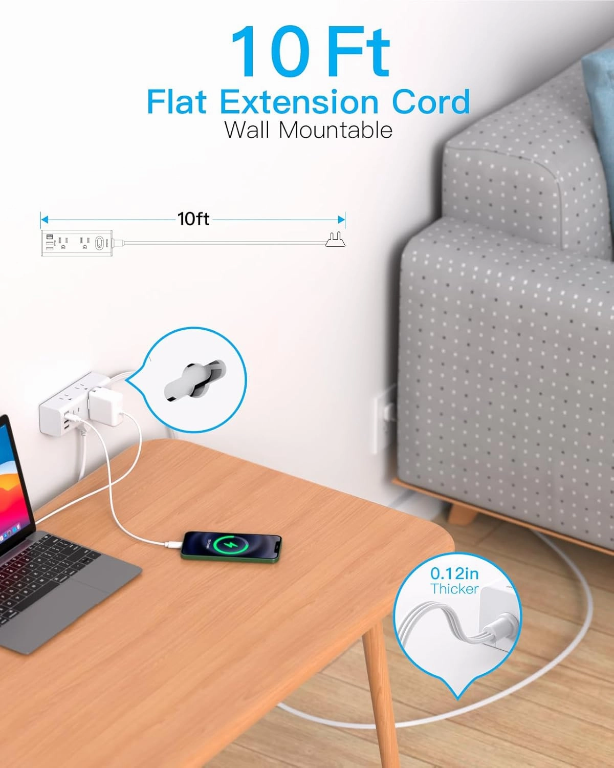 One Beat 10Ft Extension Cord with Multiple Outlets,Flat Plug Power Strip Surge Protector with 10 Ft Long Cord,6 Outlet 3 USB Ports (1USB C),Multi Outlet Wall Plug for Travel,College,Dorm Essentials