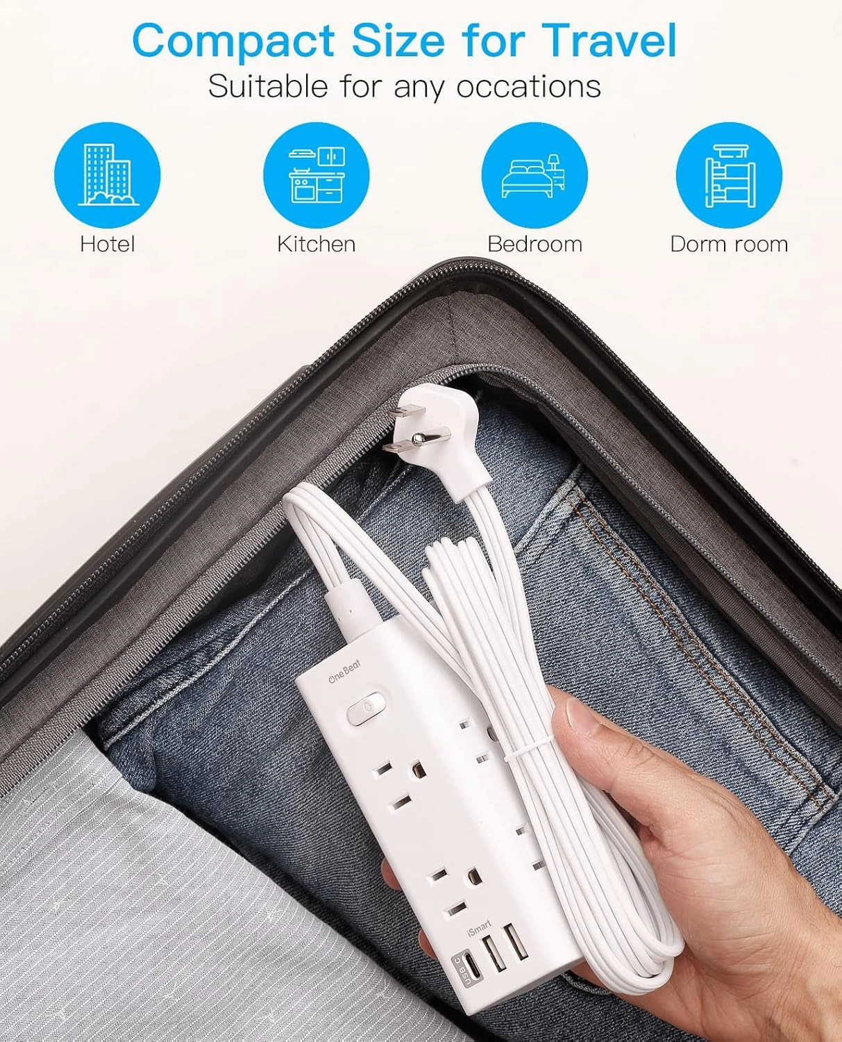 One Beat 10Ft Extension Cord with Multiple Outlets,Flat Plug Power Strip Surge Protector with 10 Ft Long Cord,6 Outlet 3 USB Ports (1USB C),Multi Outlet Wall Plug for Travel,College,Dorm Essentials