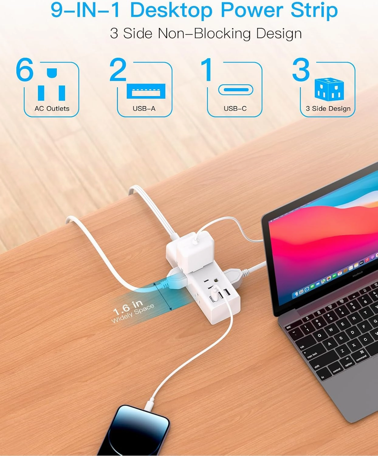 One Beat 10Ft Extension Cord with Multiple Outlets,Flat Plug Power Strip Surge Protector with 10 Ft Long Cord,6 Outlet 3 USB Ports (1USB C),Multi Outlet Wall Plug for Travel,College,Dorm Essentials