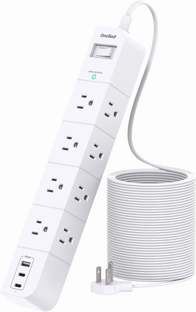 One Beat Extension Cord 15 ft,Surge Protector Power Strip with 8 Widely AC Outlets 3 USB(2 USBC),Flat Plug Power Strip,Desktop Charging Station with Overload Protection for Home,Office,Dorm,ETL Listed power cord,hi-fi power cable,AC power lead,