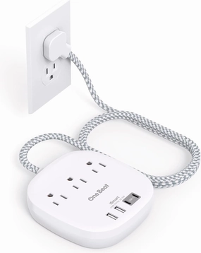 One Beat Flat Plug Power Strip, 5ft Flat Extension Cord, 3 Outlets 4 USB Ports (2 USB C) 22.5W/4.5A Desktop Charging Station Cruise Ship Power Strip No Surge Protection, Dorm Room Travel Essentials power cord,hi-fi power cable,AC power lead,