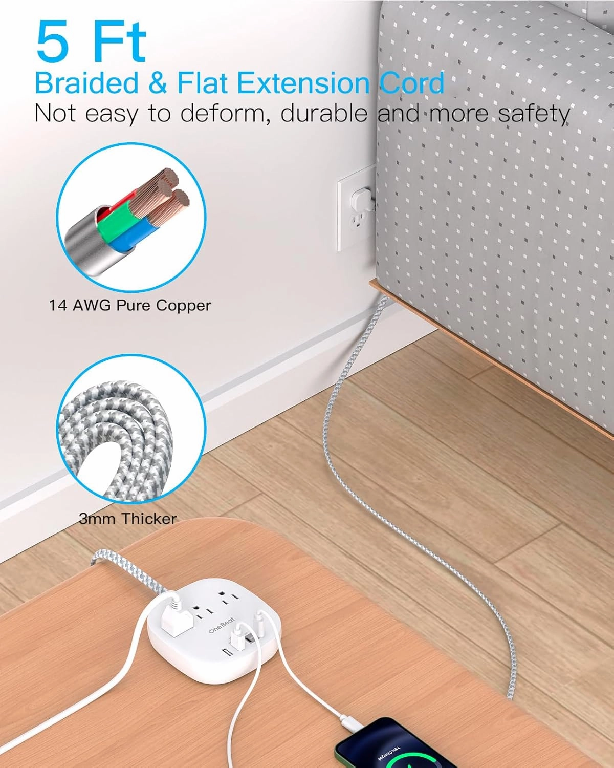 One Beat Flat Plug Power Strip, 5ft Flat Extension Cord, 3 Outlets 4 USB Ports (2 USB C) 22.5W/4.5A Desktop Charging Station Cruise Ship Power Strip No Surge Protection, Dorm Room Travel Essentials