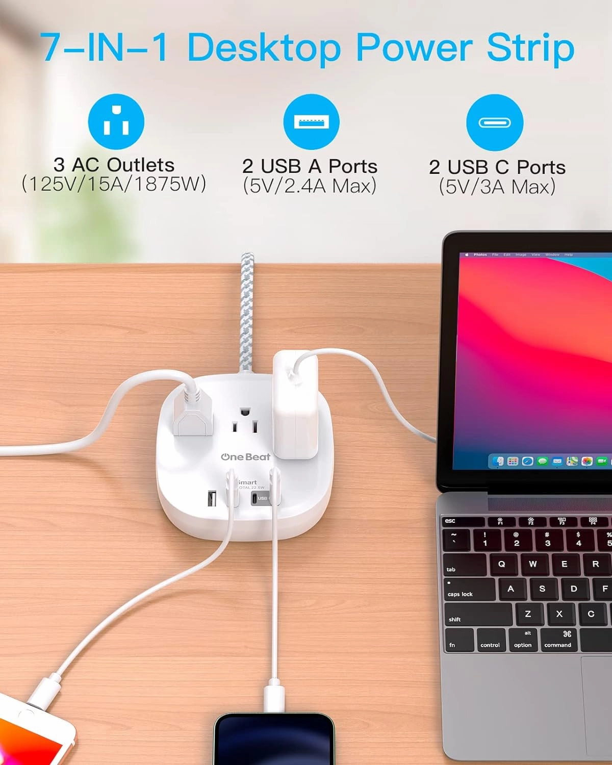 One Beat Flat Plug Power Strip, 5ft Flat Extension Cord, 3 Outlets 4 USB Ports (2 USB C) 22.5W/4.5A Desktop Charging Station Cruise Ship Power Strip No Surge Protection, Dorm Room Travel Essentials