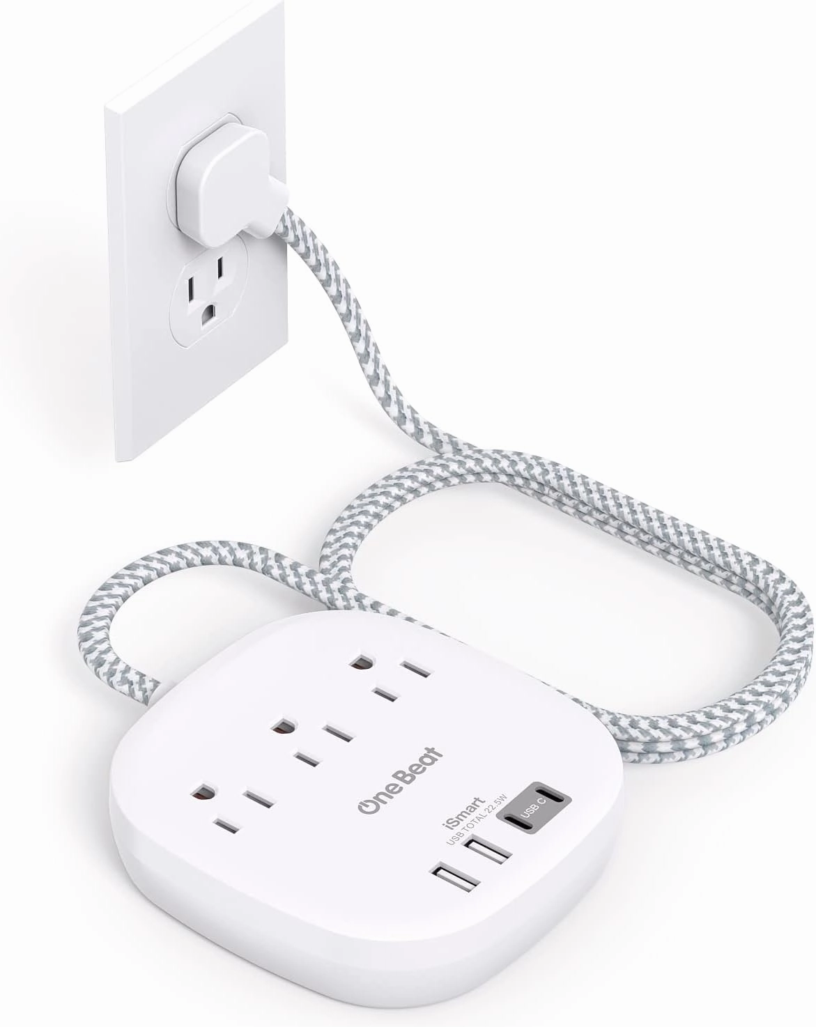 One Beat Flat Plug Power Strip, 5ft Flat Extension Cord, 3 Outlets 4 USB Ports (2 USB C) 22.5W/4.5A Desktop Charging Station Cruise Ship Power Strip No Surge Protection, Dorm Room Travel Essentials power cord,hi-fi power cable,AC power lead,