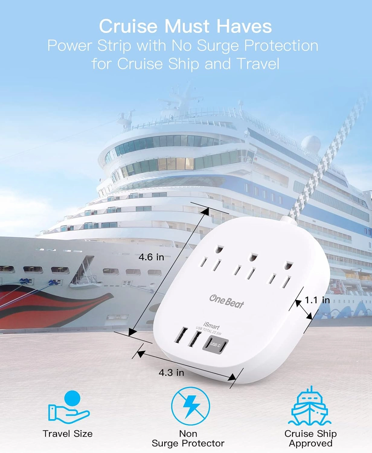 One Beat Flat Plug Power Strip, 5ft Flat Extension Cord, 3 Outlets 4 USB Ports (2 USB C) 22.5W/4.5A Desktop Charging Station Cruise Ship Power Strip No Surge Protection, Dorm Room Travel Essentials