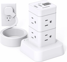 One Beat Tower Surge Protector Power Strip 10 ft,Long Flat Extension Cord with Multiple Outlets,8 AC Outlets with 4 USB Ports,Desktop Charging Station for Multiple Devices,for Home Office College Dorm power cord,hi-fi power cable,AC power lead,