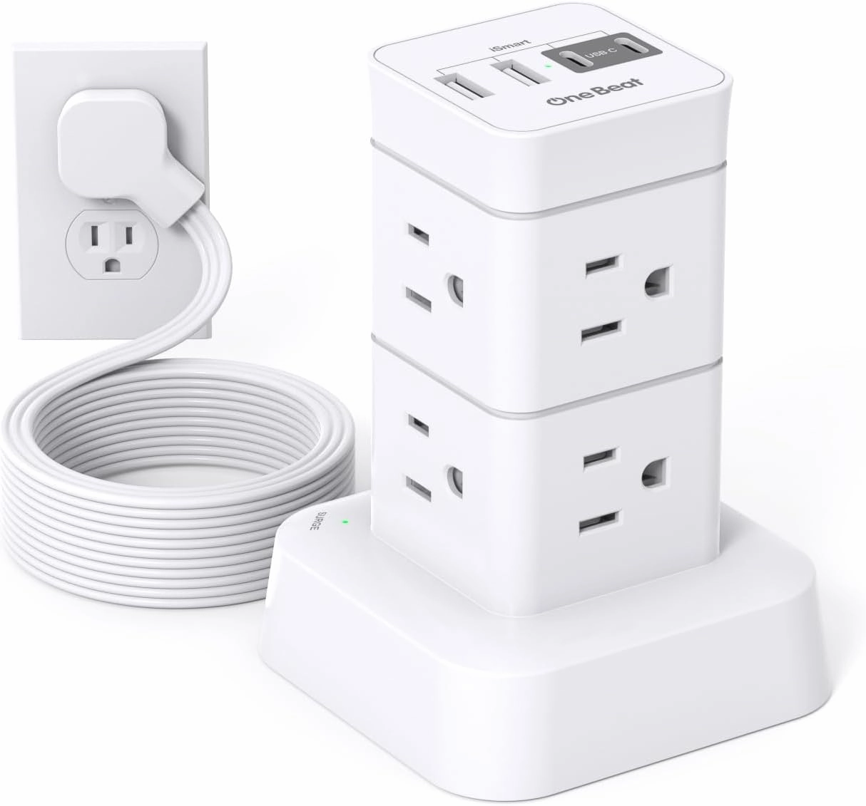 One Beat Tower Surge Protector Power Strip 10 ft,Long Flat Extension Cord with Multiple Outlets,8 AC Outlets with 4 USB Ports,Desktop Charging Station for Multiple Devices,for Home Office College Dorm power cord,hi-fi power cable,AC power lead,
