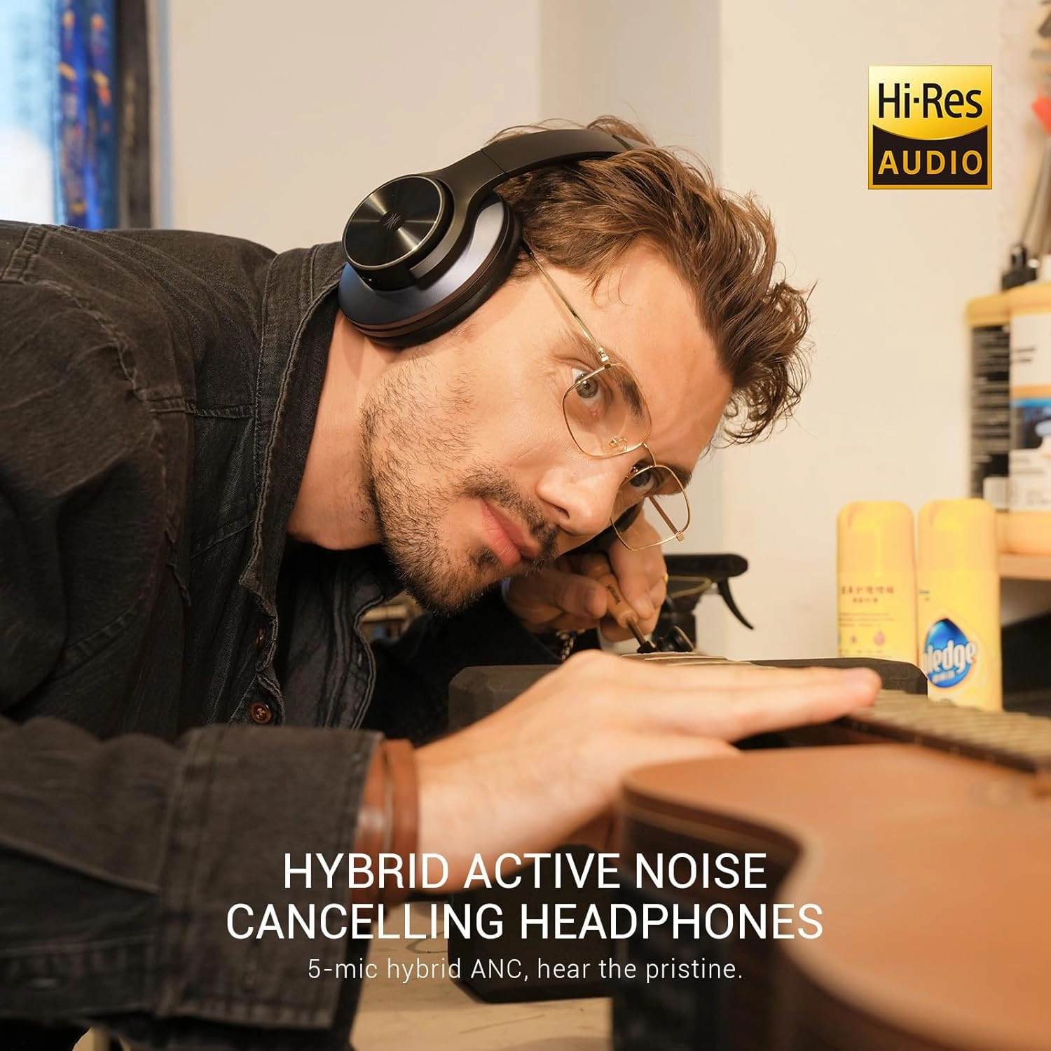 OneOdio A10 Hybrid Active Noise Cancelling Headphones, Hi-Res Audio, 50H Playtime with Speed Charge, Travel Case, Wireless/Wired, Built-in Mic, Bluetooth Over Ear Headphones for Work Gym Workout