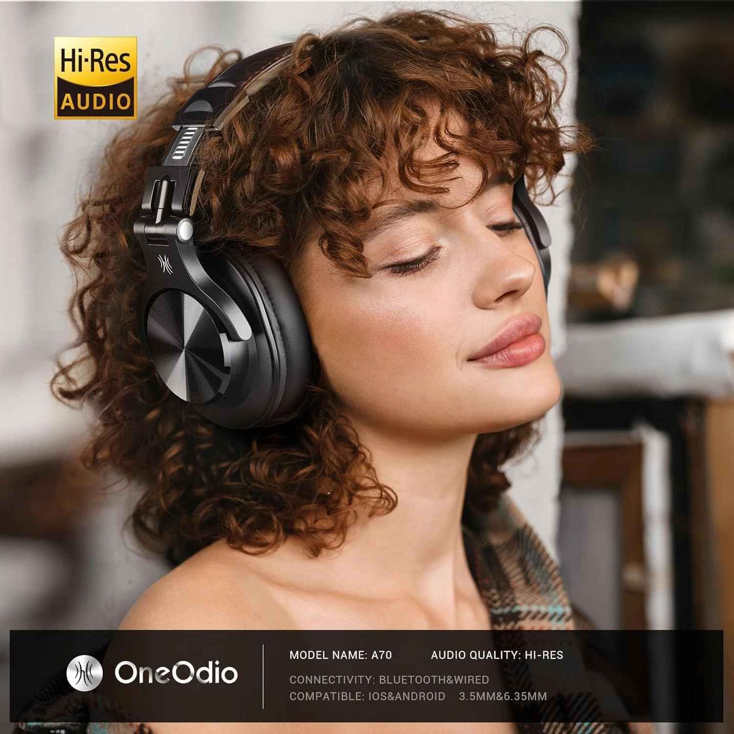 OneOdio A70 Bluetooth Over Ear Headphones, Wireless Headphones with 72H Playtime, Hi-Res, Built-in Mic, 3.5mm/6.35mm Wired Audio Jack for Studio Monitor & Mixing DJ Guitar AMP, Computer Laptop PC