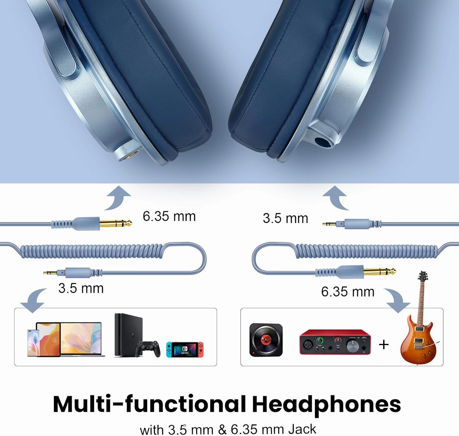 OneOdio A71 Hi-Res Studio Recording Headphones - Wired Over Ear Headphone with SharePort, Monitoring Mixing Foldable Headset with Stereo Sound, 3.5/6.35MM Jack for PC Computer DJ Guitar-Sky Blue