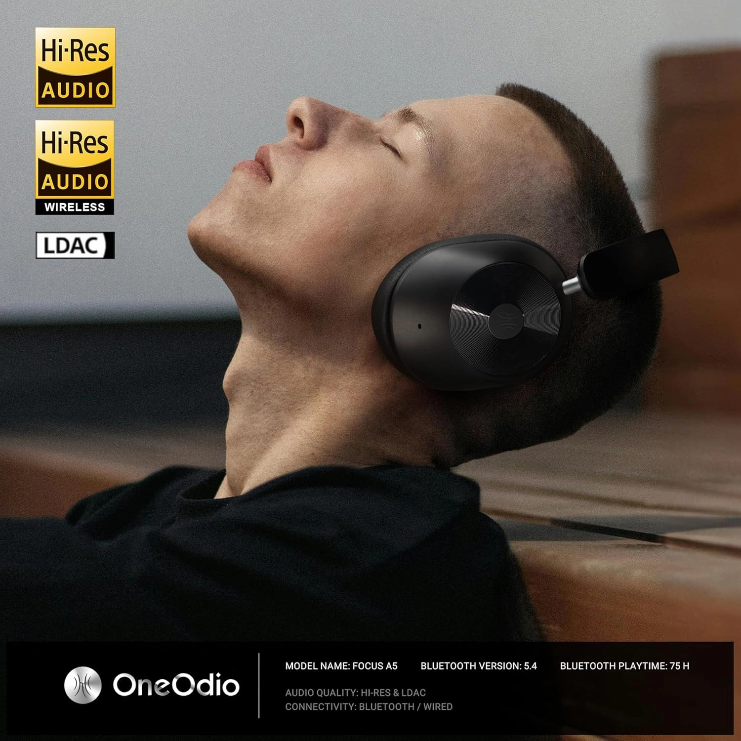 OneOdio Focus A5 Wireless Over-Ear Headphones, Hybrid Active Noise Cancelling, 75H Playtime, Hi-Res LDAC Wireless Audio, Bluetooth 5.4, Built-in Mic for Clear Calls, Low Latency Game Mode