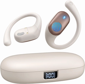Open Ear Headphones, Bluetooth Headphones 5.3 Sports with Smart Digital Display, 36H Playtime, IP54 Waterproof, Wireless Earbuds Lightweight Design Fit Cycling, Running, Workout (Beige) over-ear headphones,closed back headphones,wireless studio cans,