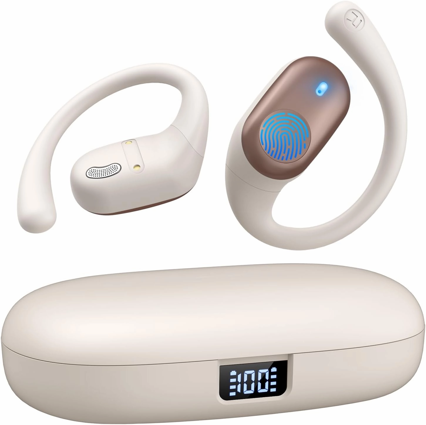 Open Ear Headphones, Bluetooth Headphones 5.3 Sports with Smart Digital Display, 36H Playtime, IP54 Waterproof, Wireless Earbuds Lightweight Design Fit Cycling, Running, Workout (Beige) over-ear headphones,closed back headphones,wireless studio cans,