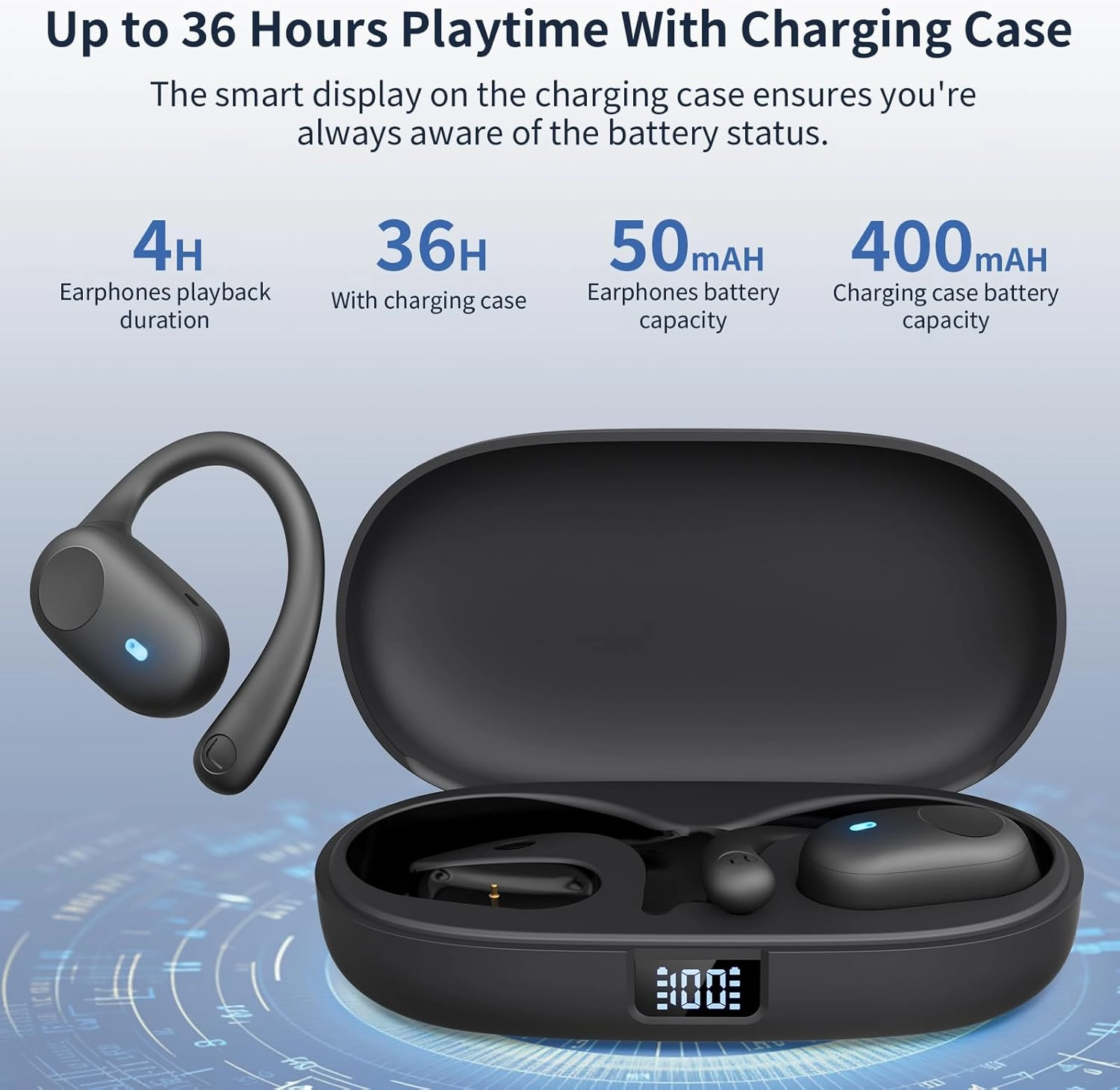 Open Ear Headphones, Bluetooth Headphones 5.3 Sports with Smart Digital Display, 36H Playtime, IP54 Waterproof, Wireless Earbuds Lightweight Design Fit Cycling, Running, Workout (Black)