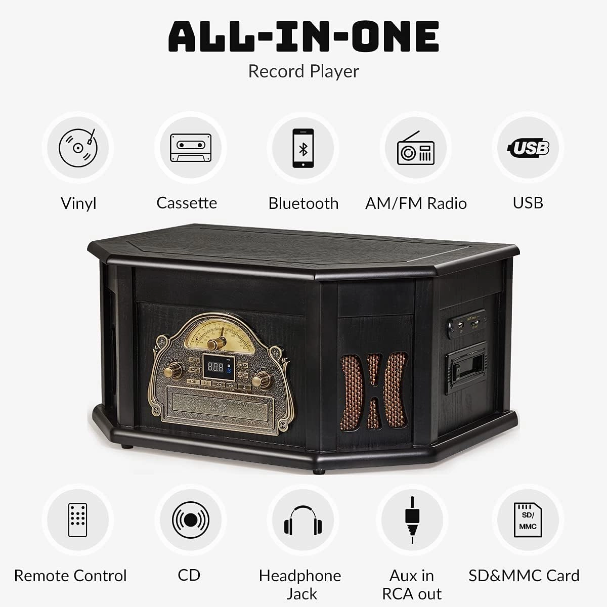 ORCC 10-in-1 Record Player, Nostalgic Turntable for Vinyl Record with Bluetooth, 2 Built-in Speakers, CD, Cassette, AM/FM Radio, USB, SD Slot, Remote Control