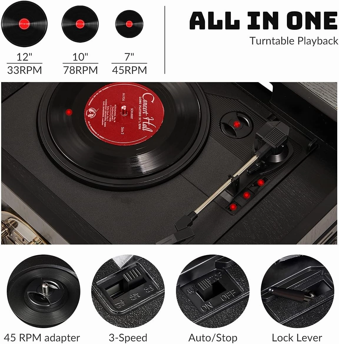 ORCC 10-in-1 Record Player, Nostalgic Turntable for Vinyl Record with Bluetooth, 2 Built-in Speakers, CD, Cassette, AM/FM Radio, USB, SD Slot, Remote Control