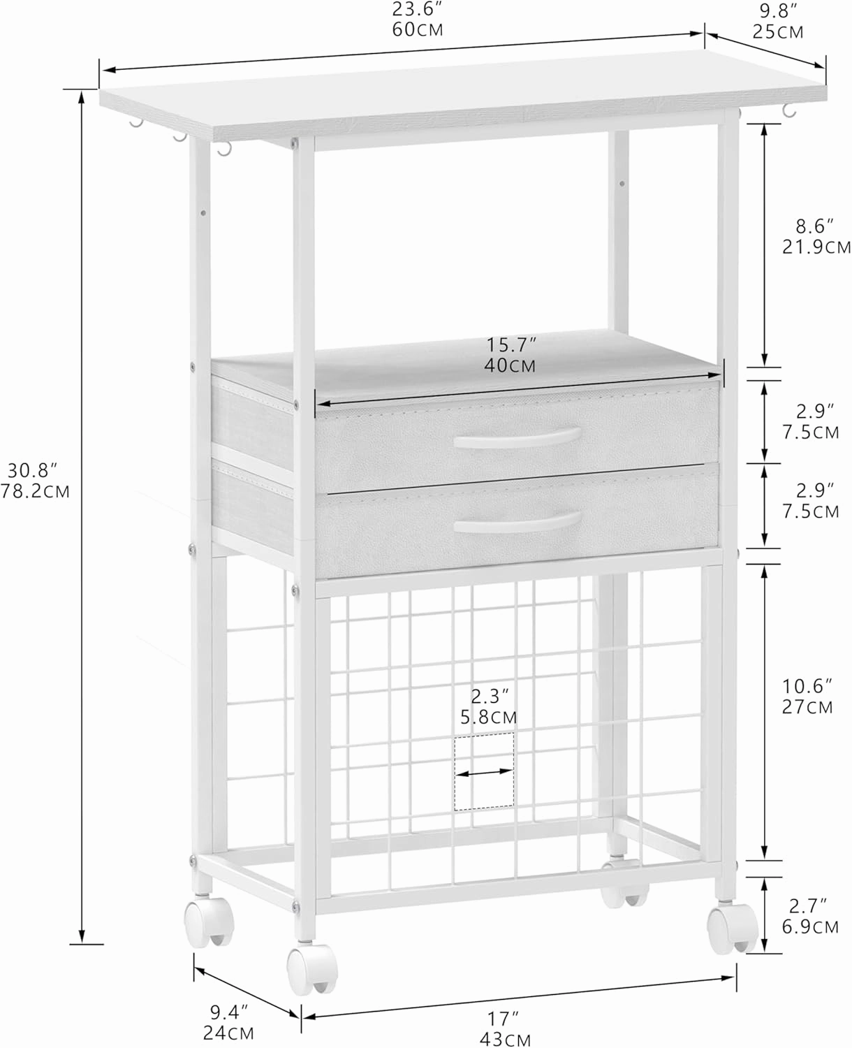 Organizer and Storage Stand Compatible with Cricut Machines,Rolling Storage Cart/Shelf with 24 Vinyl Roll Holders2 Fabric Drawer,Accessories Holder,Tool Hook for Craft Room Home (white)