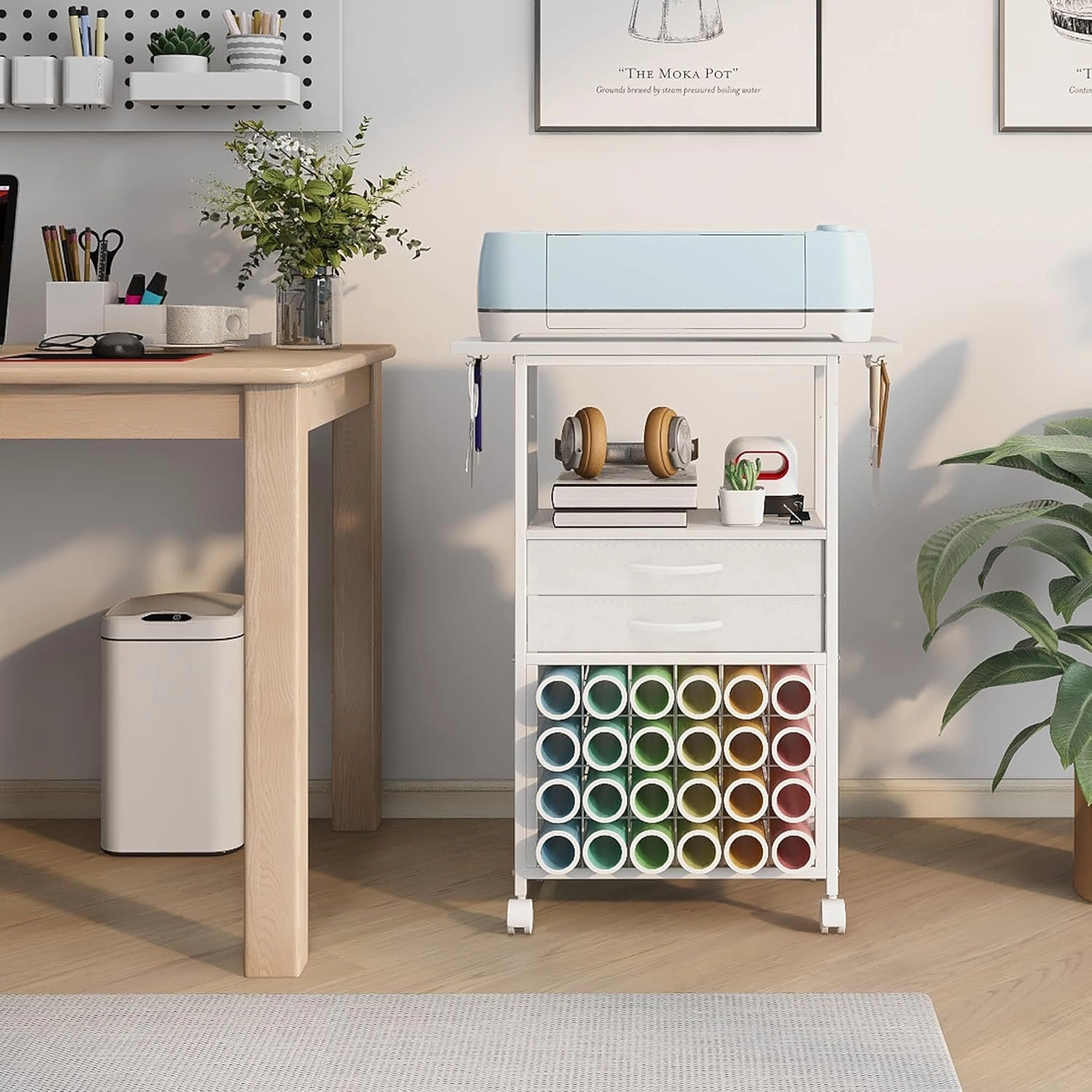 Organizer and Storage Stand Compatible with Cricut Machines,Rolling Storage Cart/Shelf with 24 Vinyl Roll Holders2 Fabric Drawer,Accessories Holder,Tool Hook for Craft Room Home (white)