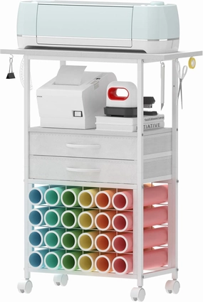 Organizer and Storage Stand Compatible with Cricut Machines,Rolling Storage Cart/Shelf with 24 Vinyl Roll Holders2 Fabric Drawer,Accessories Holder,Tool Hook for Craft Room Home (white) vinyl accessories,turntable parts,record player tools,