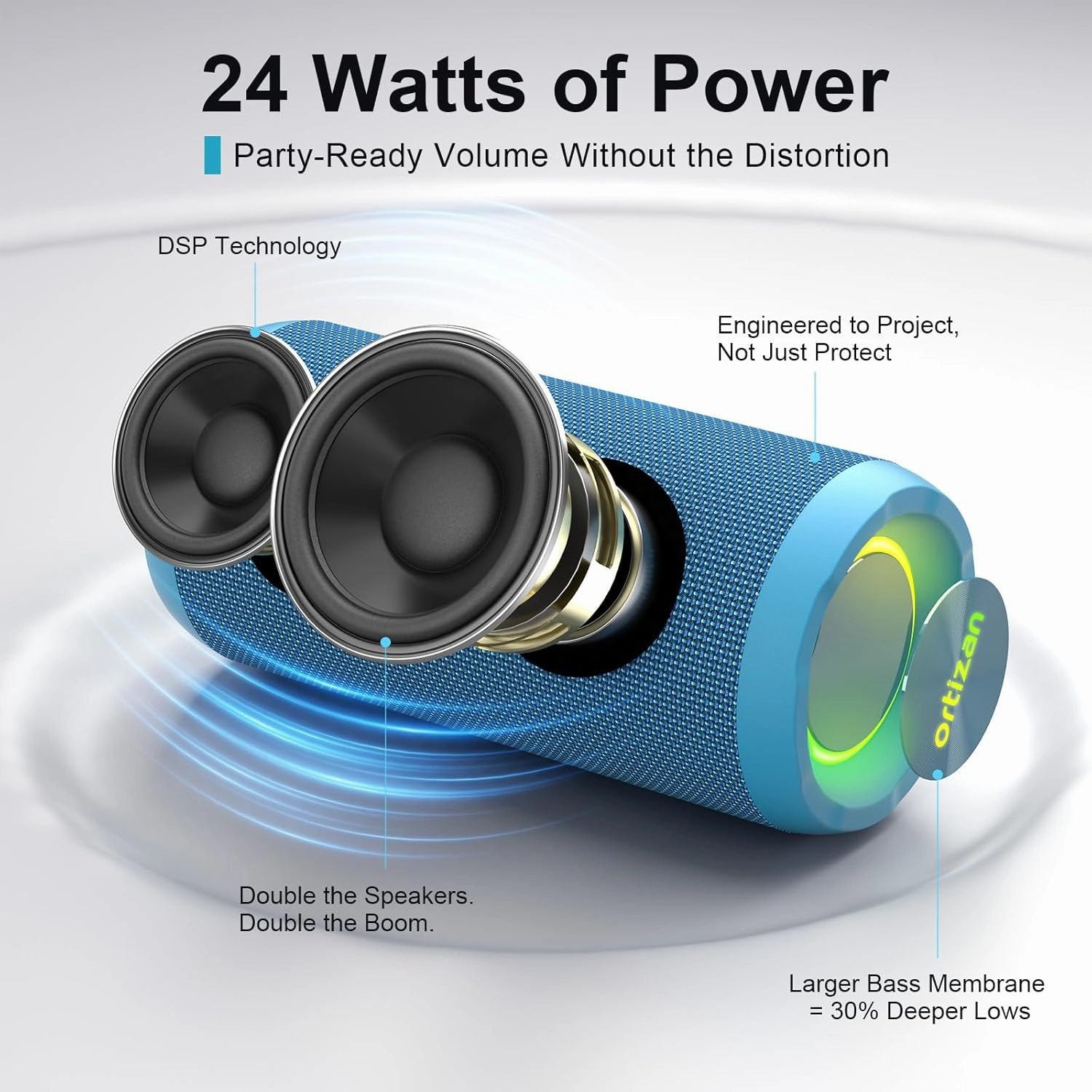 Ortizan Wireless Portable Bluetooth Speaker, IPX7 Waterproof, Dustproof and Rustproof, Powerful 24W Sound, Enhanced Bass, 30-Hour Battery, 360 Party Light, and Stereo Pairing (BT 5.3), Gifts - Blue