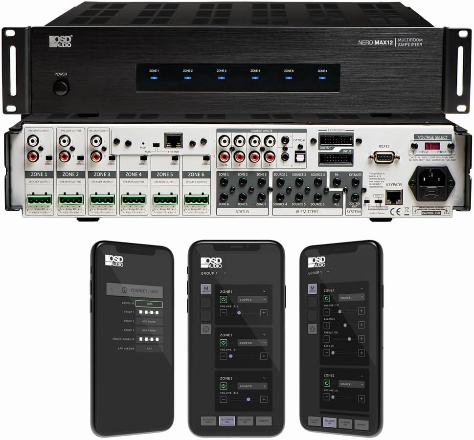 OSD Nero Max12: 6-Zone, 6-Source Amplifier 80W Power, Multi-Room Audio Control, App Integration for iOS & Android, Expand up to 18 Zones, Control4 Driver Support integrated amplifier,stereo receiver,hi-fi amp combo,