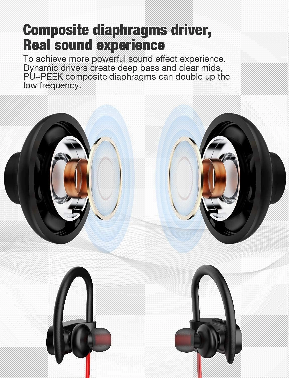 Otium Bluetooth Headphones, Wireless Earbuds IPX7 Waterproof Sports Earphones with Mic HD Stereo Sweatproof in-Ear Earbuds Gym Running Workout 15 Hour Battery Sound Isolation Headsets