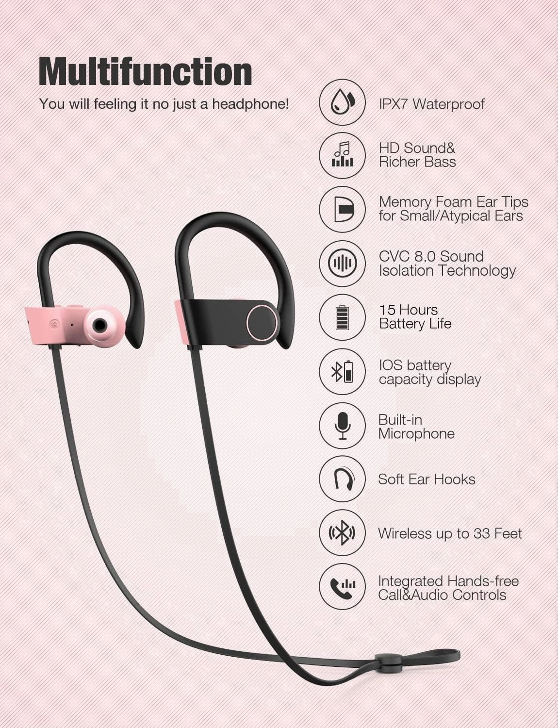 Otium Bluetooth Headphones, Wireless Headphones IPX7 Waterproof Sports Earbuds 15H Playtime with Mic HD Stereo Sound Sweatproof in-Ear Earphoones Noise Cancelling Headsets Gym Running Workout Pink
