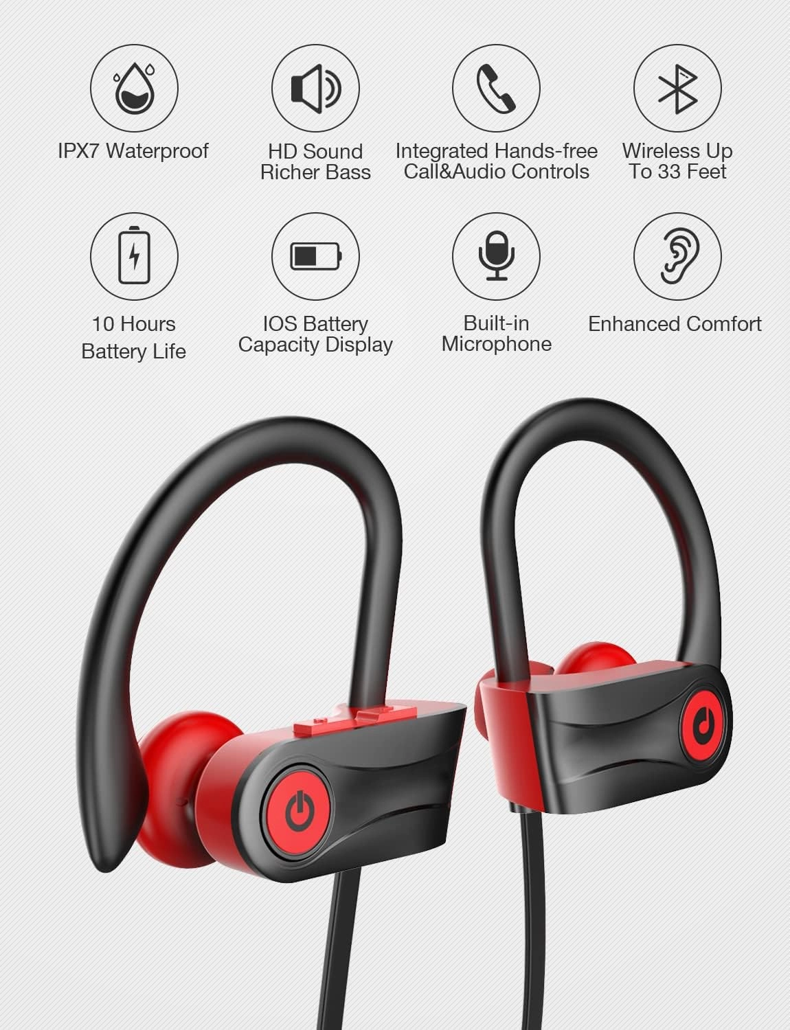 Otium Wireless Bluetooth 5.3 Sport Headphones Built-in Mic in Ear Running Headset with Earhooks 16 Hours Playtime