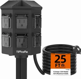 Outdoor Power Strip Weatherproof, 25 FT Extension Cord with Stake, 6 Grounded Outlets for Yard, Garden and Pool, 15A/1875W, ETL Listed power cord,hi-fi power cable,AC power lead,