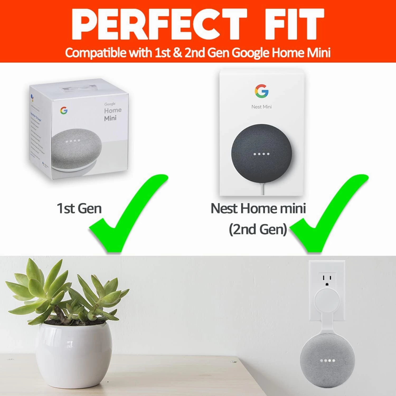 Outlet Wall Mount Holder for Google Home Nest Mini (1st & 2nd Generation), A Space-Saving Accessories for Google Home Mini Voice Assistant (White)