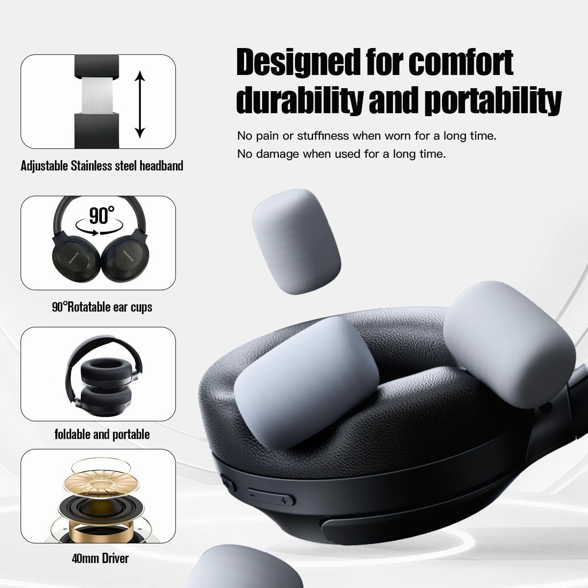 Over The Ear ANC Bluetooth Headphones, 60H Playtime Active Noise Cancelling Wireless/Wired Headphones with Microphone, Cheap Stereo Foldable Lightweight Headset for PC,TV, and Cell Phones