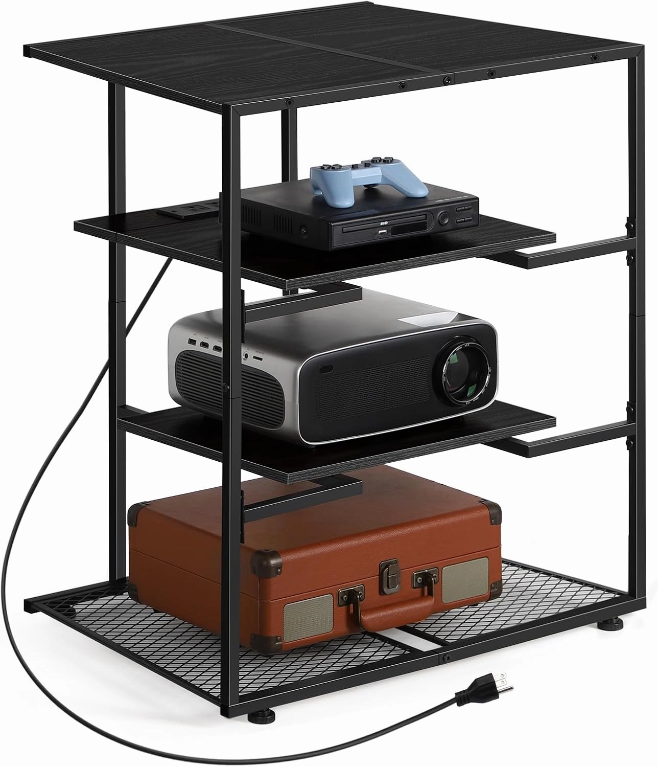 OYEAL 4-Tier AV Media Stand with Power Strips, Media Console Shelf, Audio Rack Tower Corner Entertainment Center Perfect for DVD Players, Game Console, TV Box, Wi-Fi Router, Rustic Black audio rack,hi-fi component stand,media shelf,