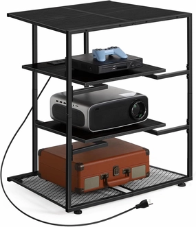 OYEAL 4-Tier AV Media Stand with Power Strips, Media Console Shelf, Audio Rack Tower Corner Entertainment Center Perfect for DVD Players, Game Console, TV Box, Wi-Fi Router, Rustic Black audio rack,hi-fi component stand,media shelf,