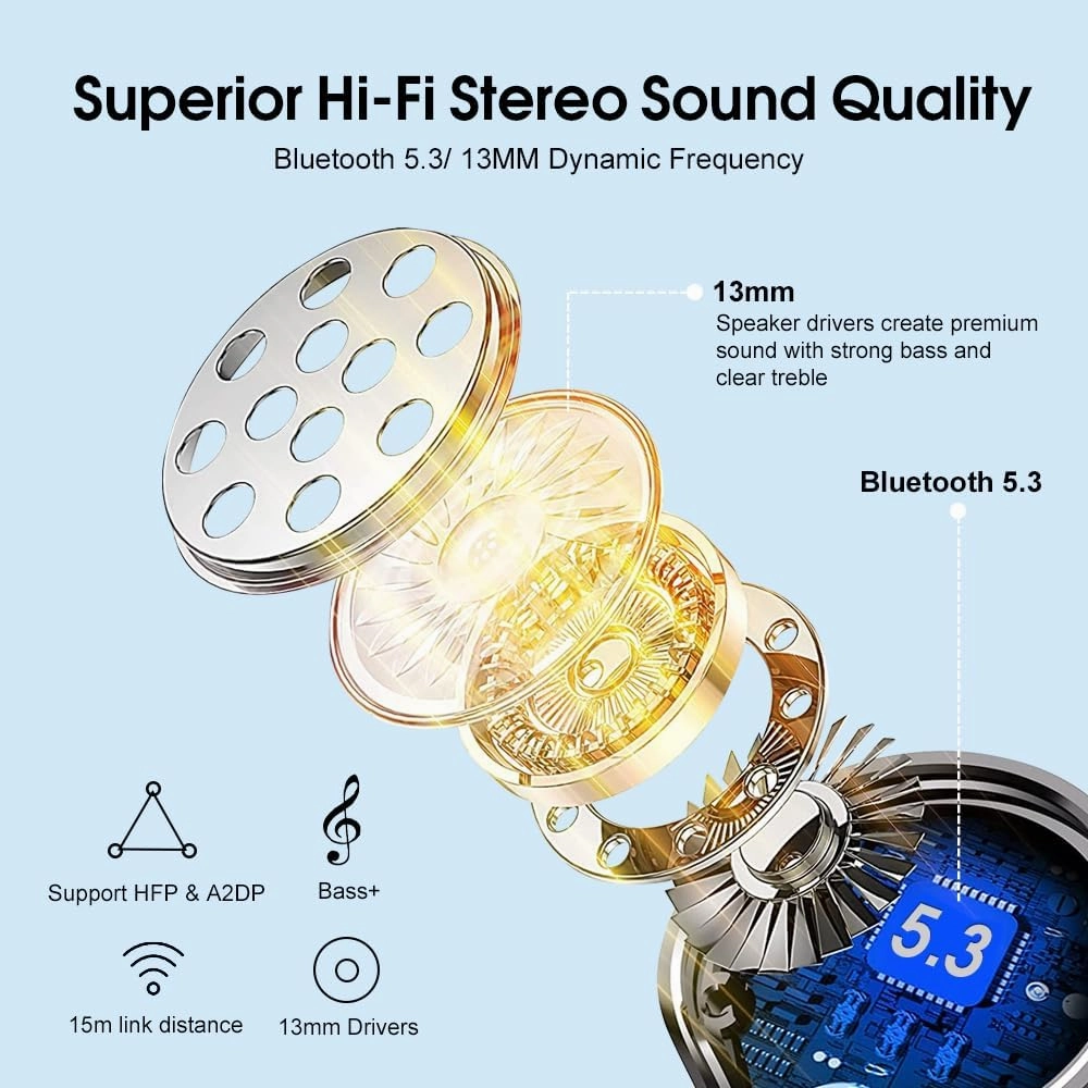 OYIB Wireless Earbuds, Bluetooth 5.3 Headphones with 4-Mics ENC Clear Call, Bluetooth Earbuds Touch Control 25Hour Stereo Sound with LED Power Display, Waterproof Earphones Sprot for Workout Deep Blue