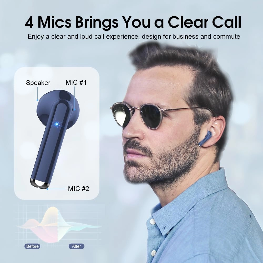 OYIB Wireless Earbuds, Bluetooth 5.3 Headphones with 4-Mics ENC Clear Call, Bluetooth Earbuds Touch Control 25Hour Stereo Sound with LED Power Display, Waterproof Earphones Sprot for Workout Deep Blue