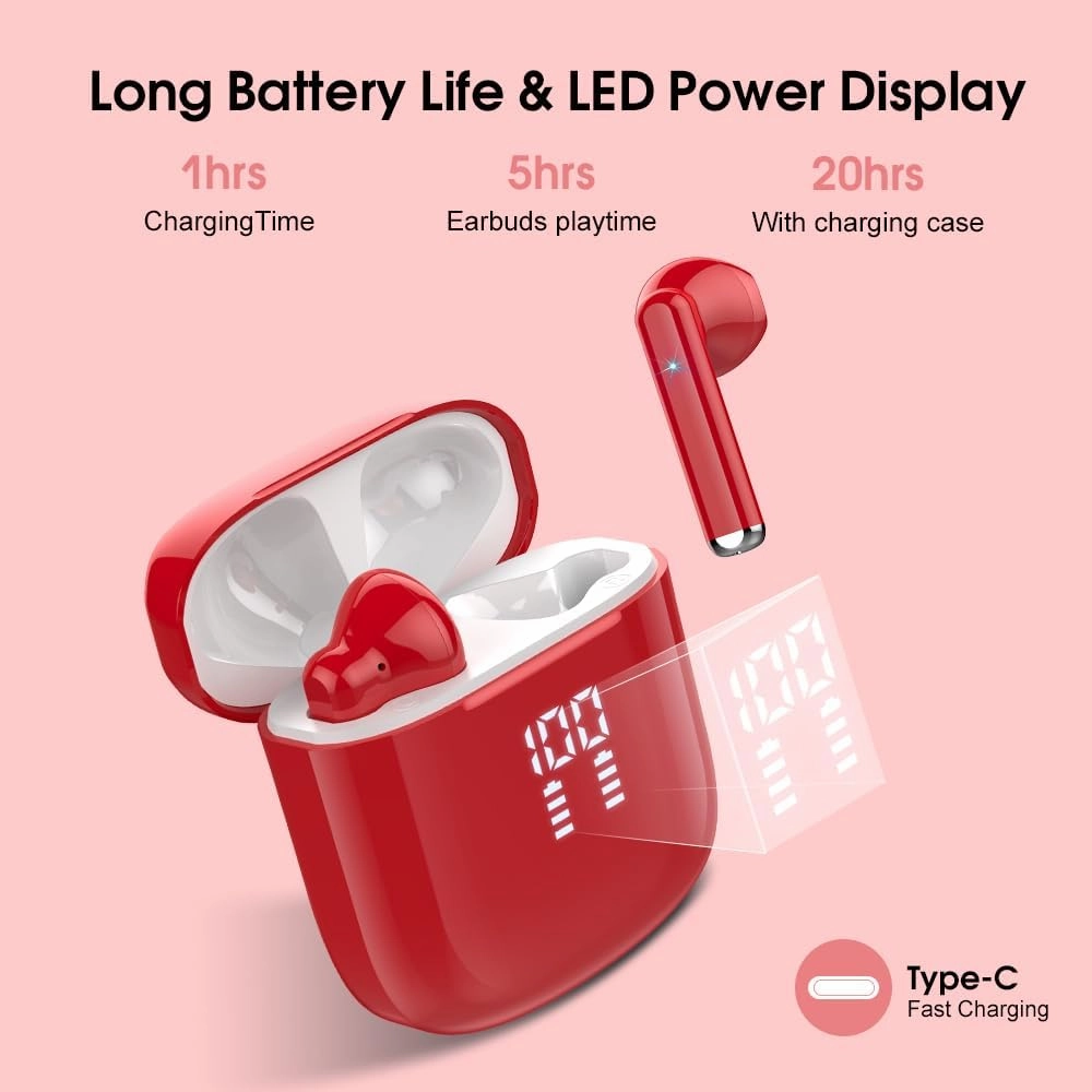 OYIB Wireless Earbuds, Bluetooth 5.3 Headphones with 4-Mics ENC Clear Call, Bluetooth Earbuds Touch Control 25Hour Stereo Sound with LED Power Display, Waterproof Earphones Sprot for Workout Deep Red