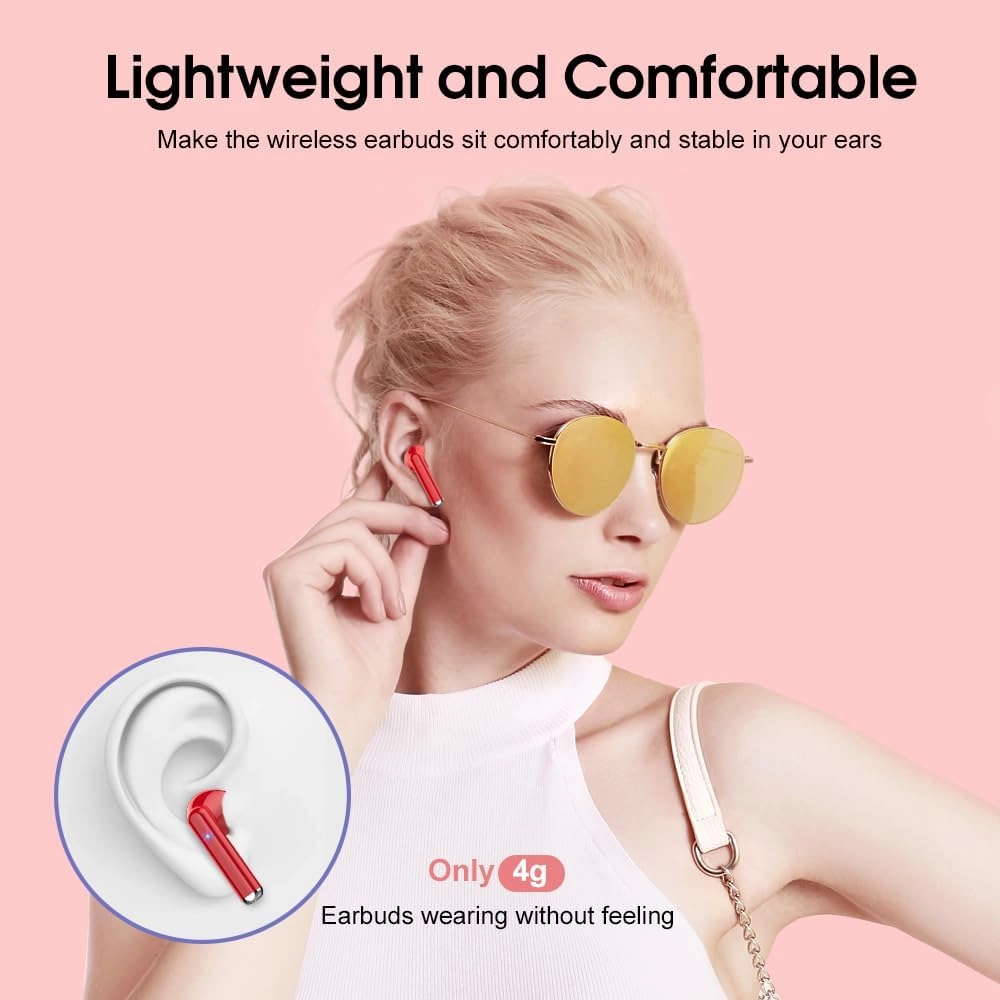 OYIB Wireless Earbuds, Bluetooth 5.3 Headphones with 4-Mics ENC Clear Call, Bluetooth Earbuds Touch Control 25Hour Stereo Sound with LED Power Display, Waterproof Earphones Sprot for Workout Deep Red