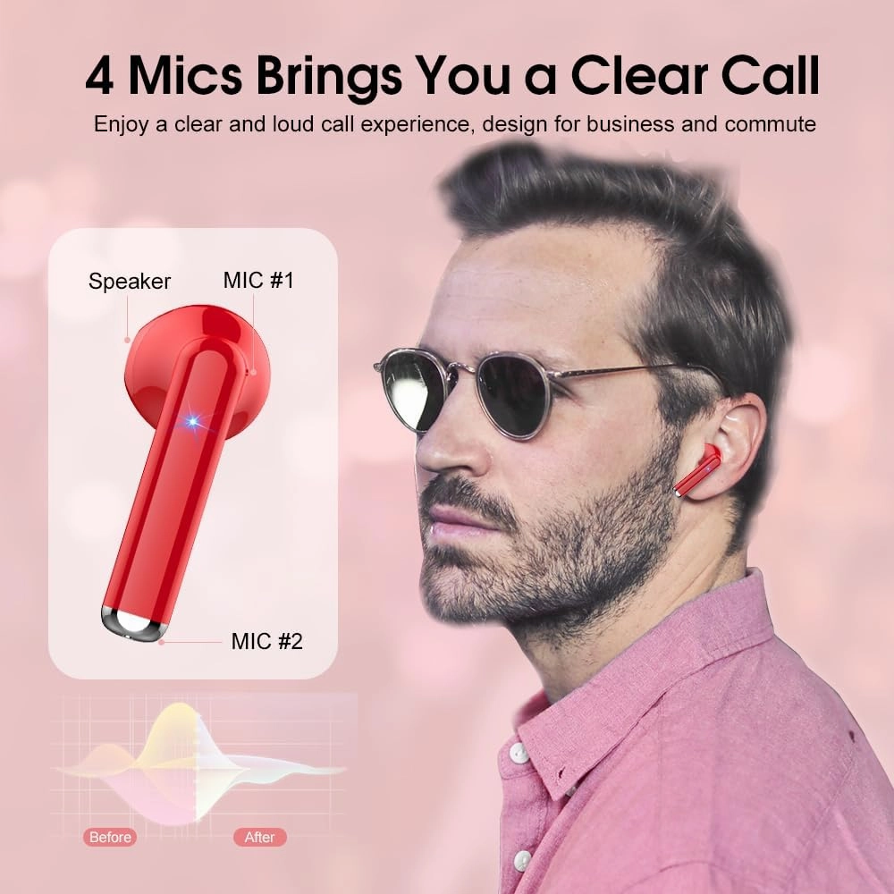OYIB Wireless Earbuds, Bluetooth 5.3 Headphones with 4-Mics ENC Clear Call, Bluetooth Earbuds Touch Control 25Hour Stereo Sound with LED Power Display, Waterproof Earphones Sprot for Workout Deep Red