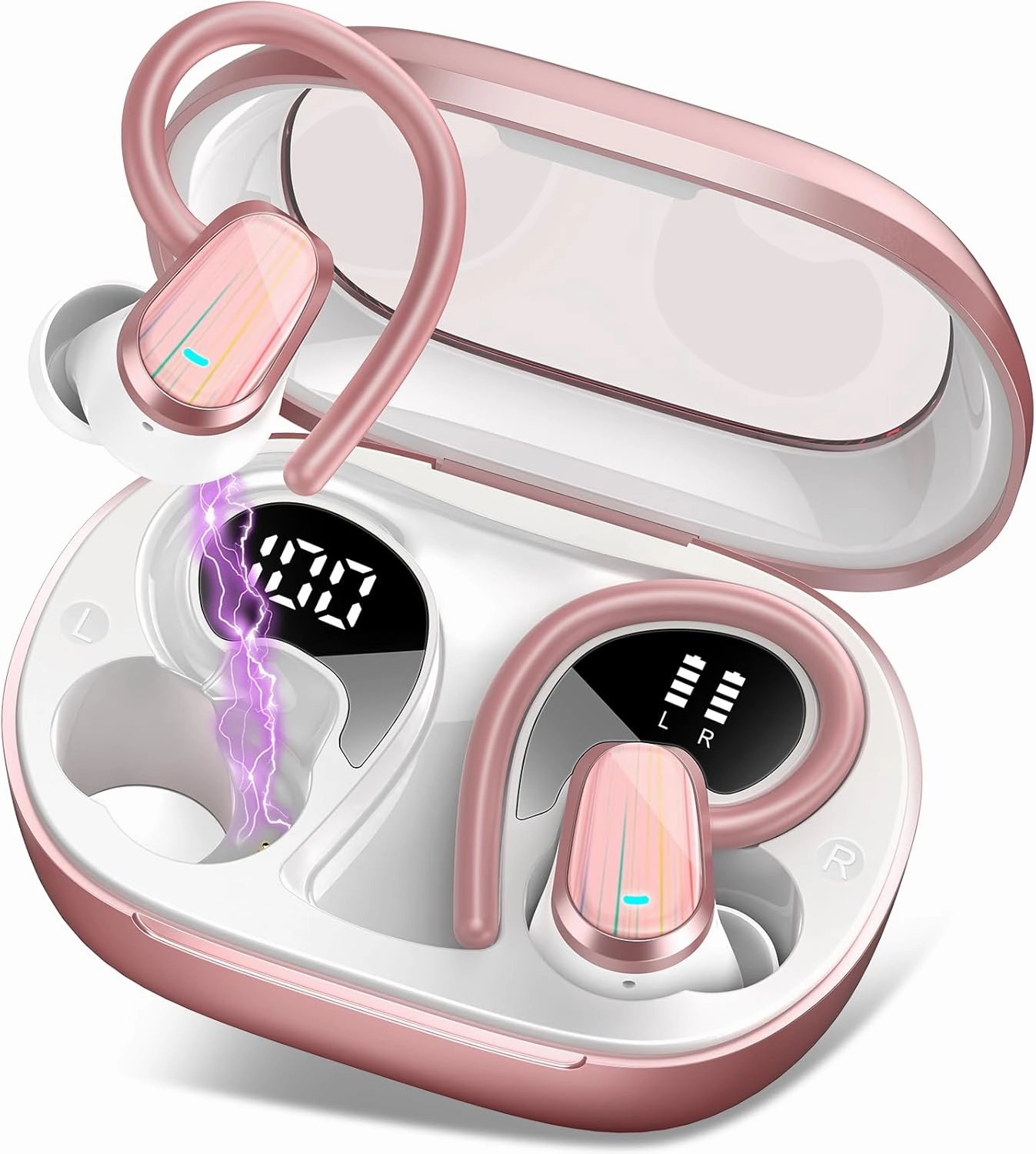 OYIB Wireless Earbuds Bluetooth 5.4 Headphones Sport, 50H Bluetooth Earbuds with Earhooks, Over Ear Bud Deep Bass with ENC Mic, IP7 Waterproof Wireless Earphone for Workout/Running, Rose Gold wireless earbuds,Bluetooth earphones,true wireless stereo,
