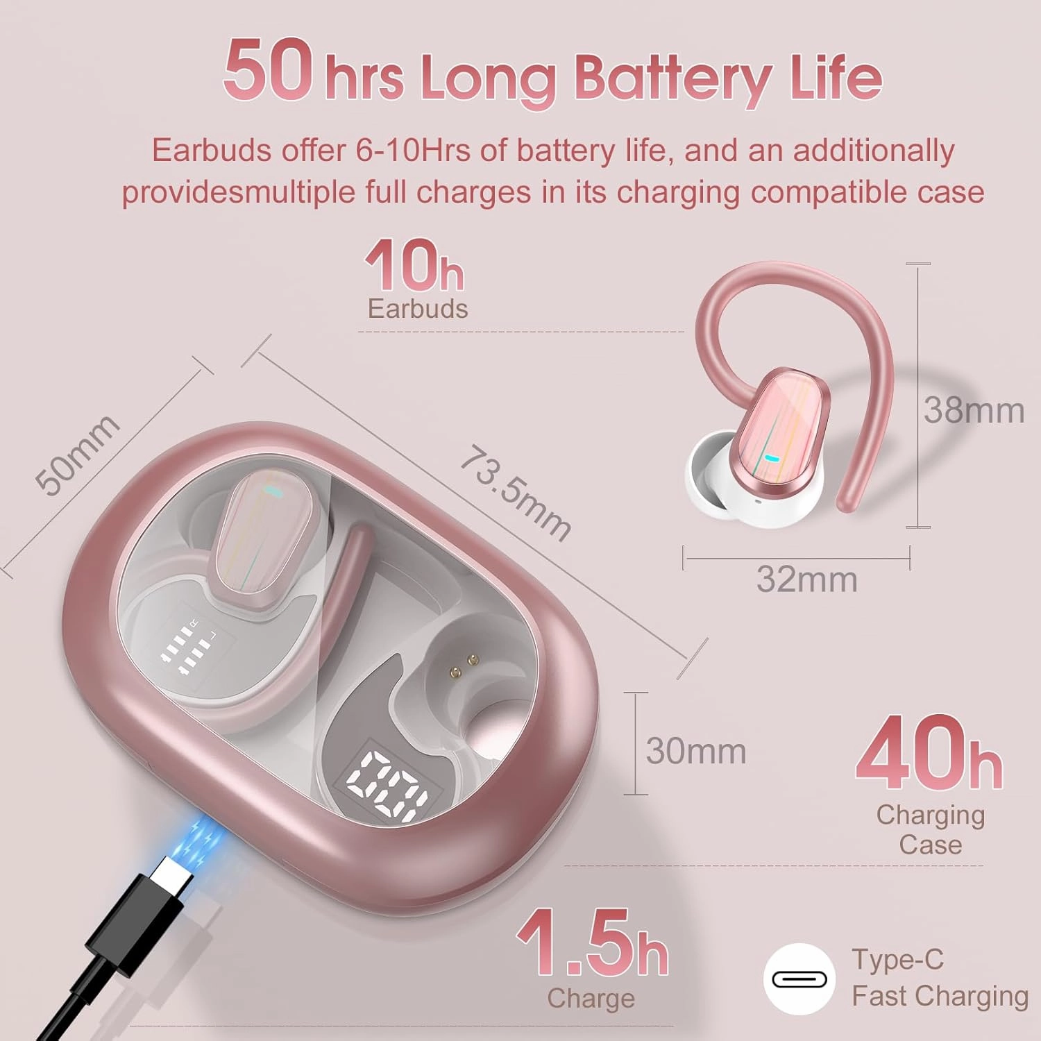OYIB Wireless Earbuds Bluetooth 5.4 Headphones Sport, 50H Bluetooth Earbuds with Earhooks, Over Ear Bud Deep Bass with ENC Mic, IP7 Waterproof Wireless Earphone for Workout/Running, Rose Gold