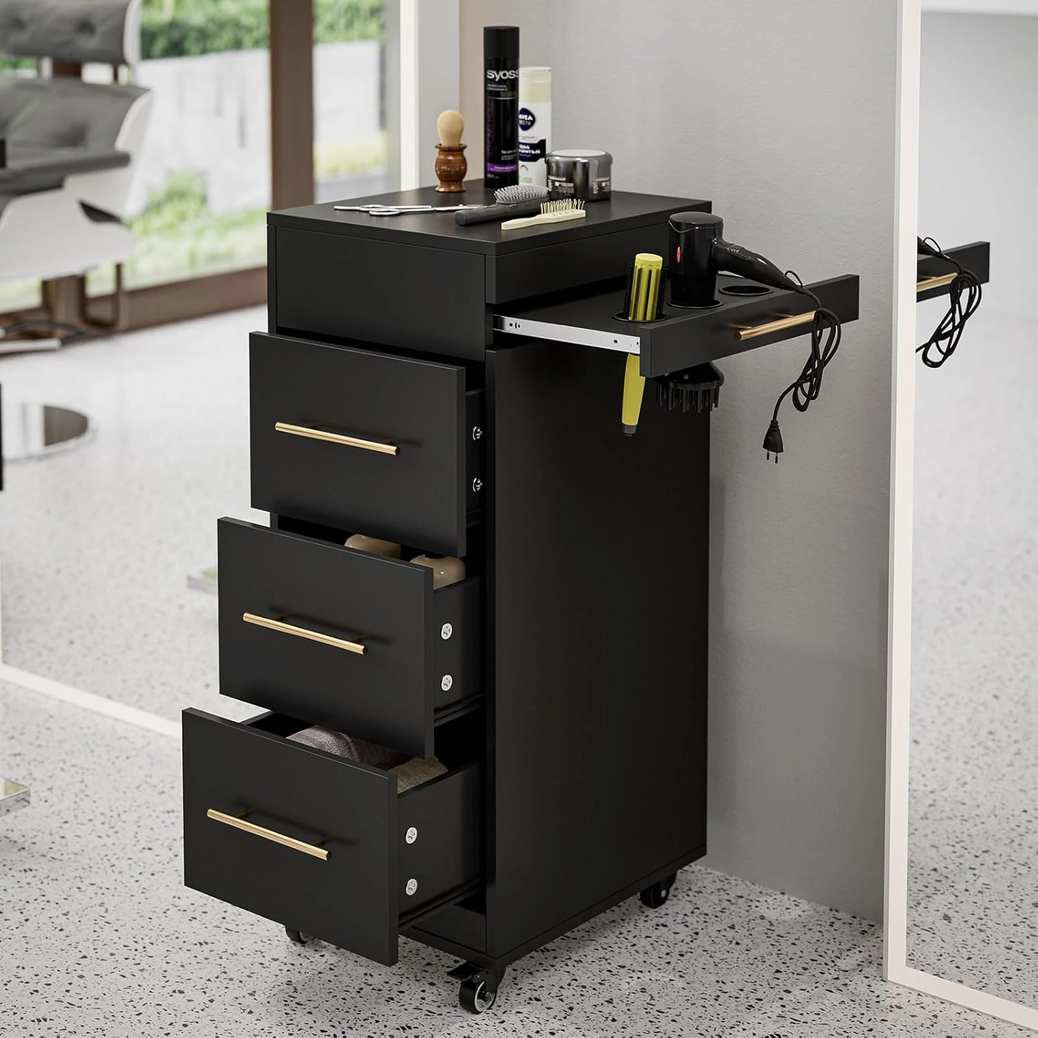Paddie Salon Trolley Cart with Lockable Wheels, Rolling Hair Cart with 3 Dryer Holders for Hair Stylist, Makeup Organizer Stations Cabinet for Beauty Spa Barbershop Tattoo (Black) equipment cabinet,AV gear cabinet,component enclosure,