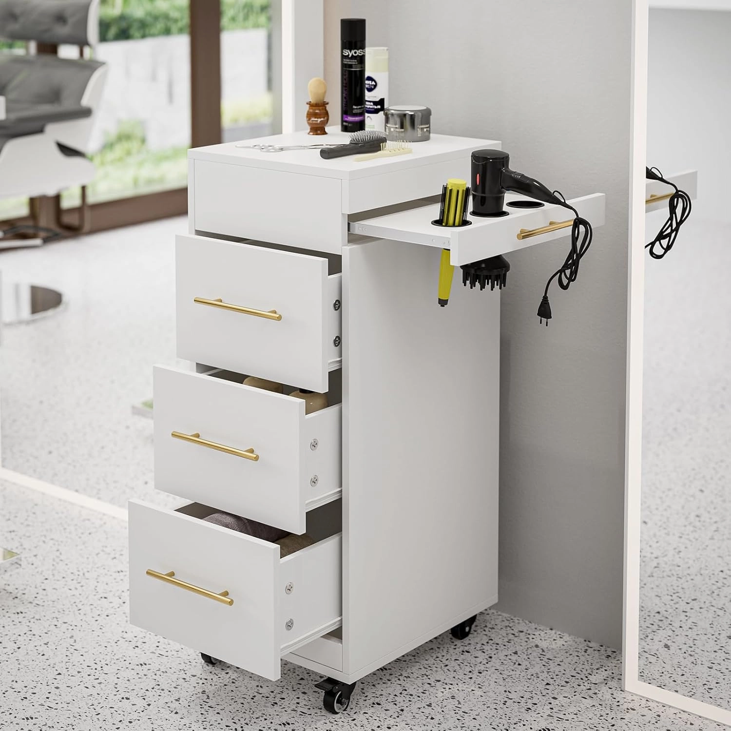 Paddie Salon Trolley Cart with Lockable Wheels, Rolling Hair Cart with 3 Dryer Holders for Hair Stylist, Makeup Organizer Stations Cabinet for Beauty Spa Barbershop Tattoo (White) equipment cabinet,AV gear cabinet,component enclosure,