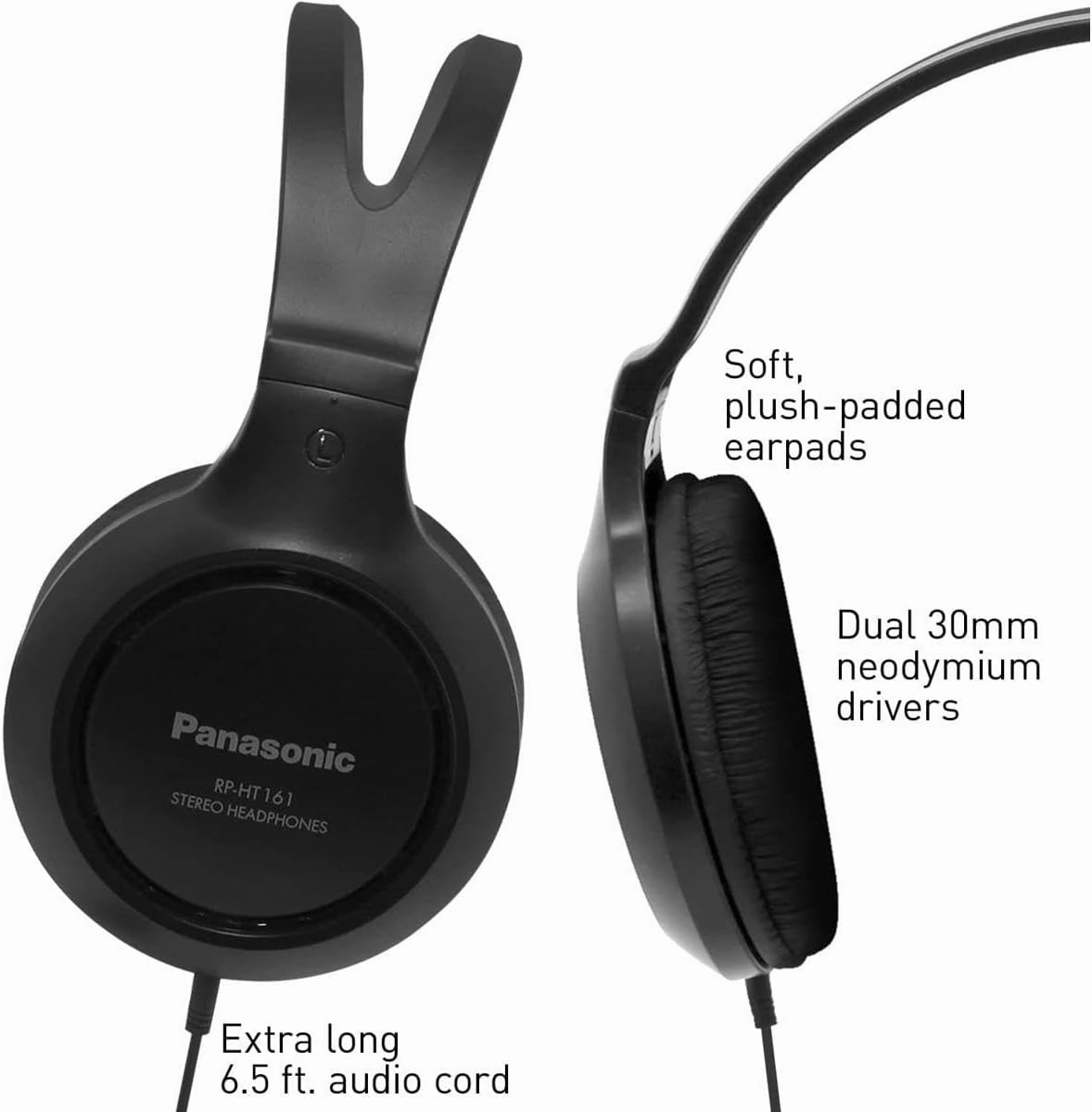 Panasonic Headphones, Lightweight Over the Ear Wired Headphones with Clear Sound and XBS for Extra Bass, Long Cord, 3.5mm Jack for Phones and Laptops  RP-HT161-K (Black)