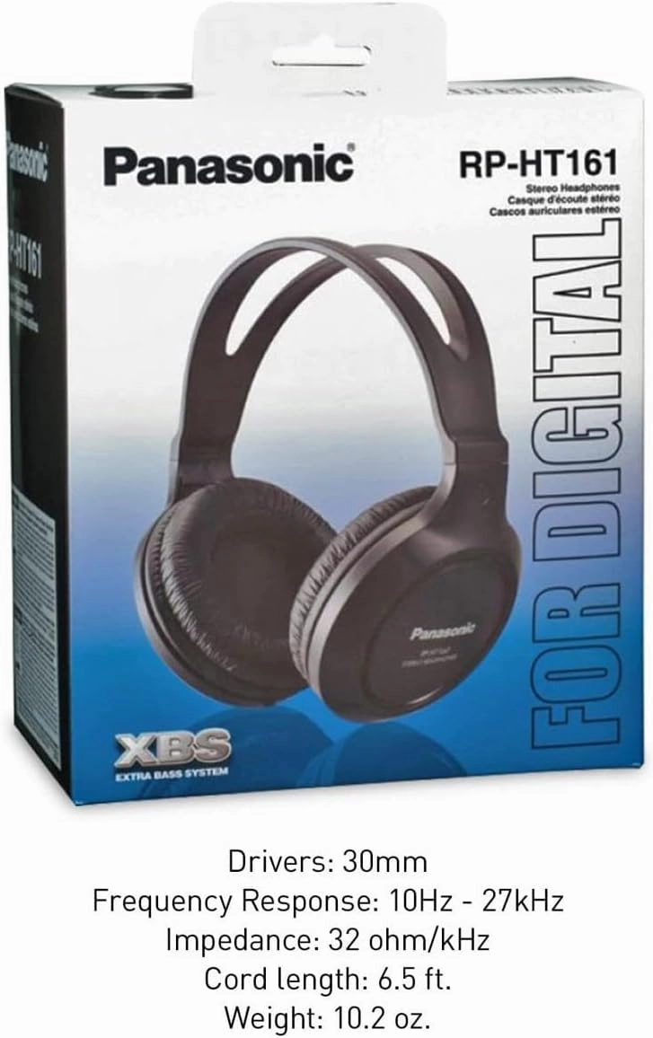 Panasonic Headphones, Lightweight Over the Ear Wired Headphones with Clear Sound and XBS for Extra Bass, Long Cord, 3.5mm Jack for Phones and Laptops  RP-HT161-K (Black)