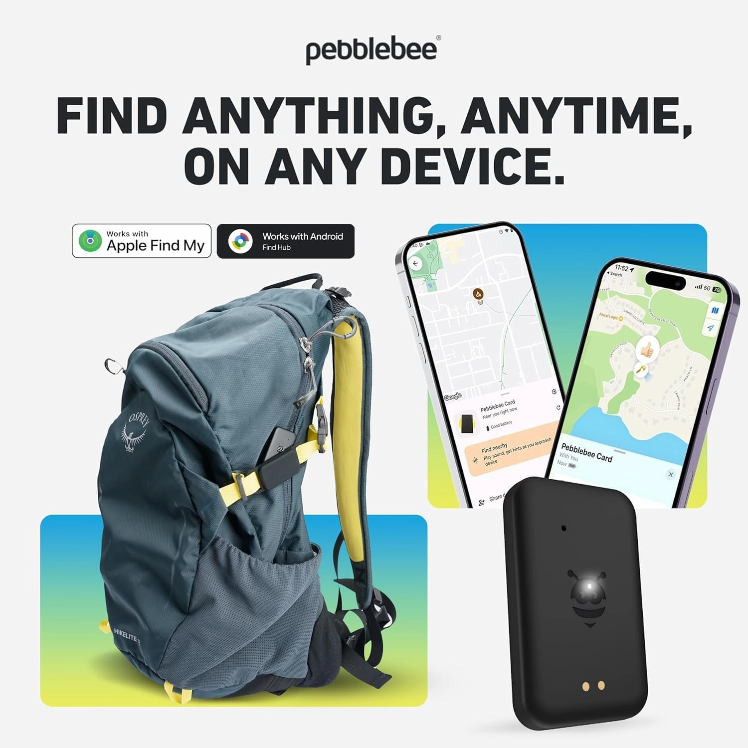 Pebblebee Universal Tag - Rechargeable Mini Item Tracker - Alternative to Air Tag & Android - 8-Month Battery Life - Works with Both Android & iOS Find My App - LED & Sound Alerts